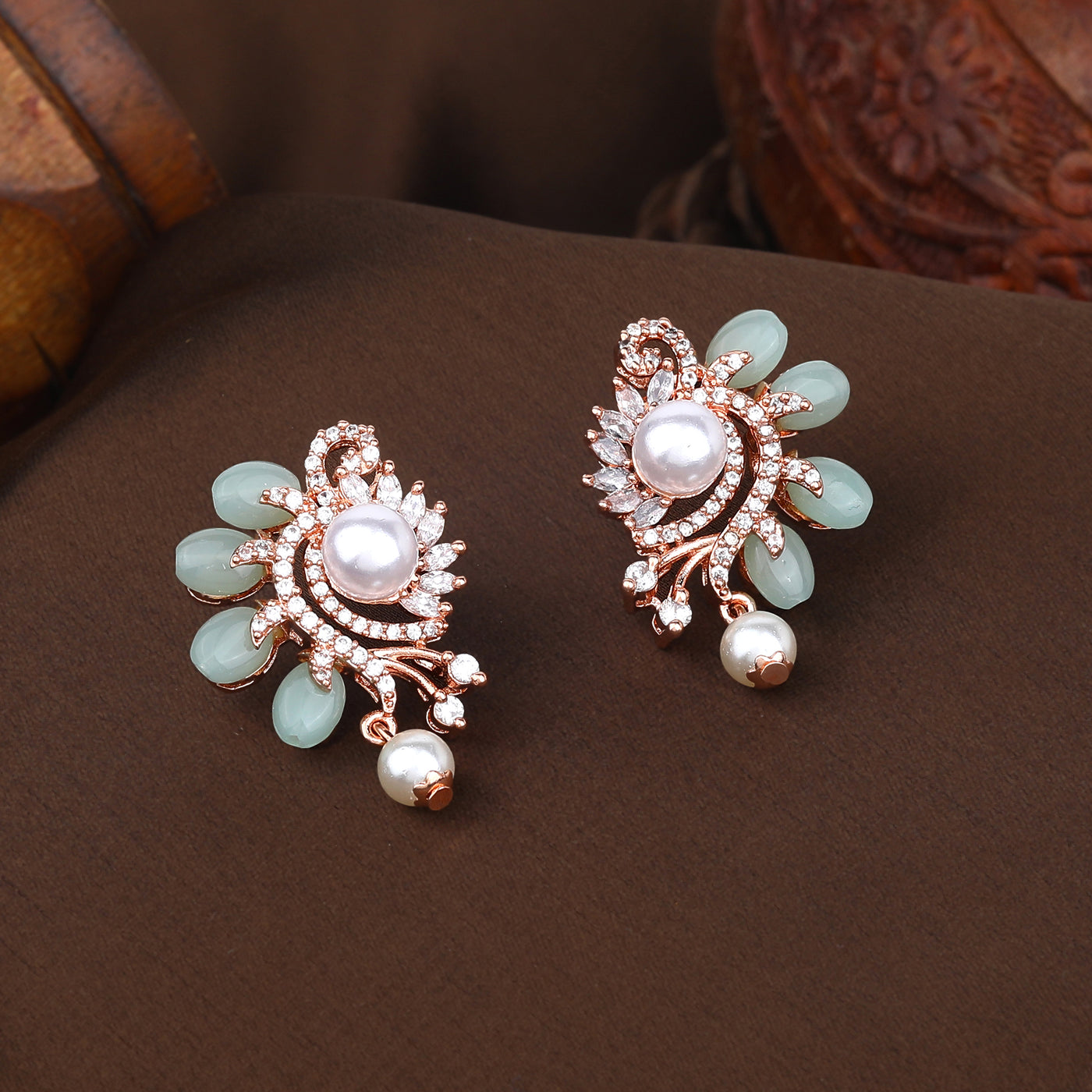 Estele Rosegold Plated Sophisticated Flower Pattern Pearl Drop Earrings with Mint Green Beads for Women|Perfect Blend of Style and Grace