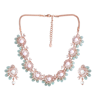 Estele Rosegold Plated Glistening Mint Green Beads Varya Necklace Set with Sparkling American Diamonds|Luxury Jewelry for Women