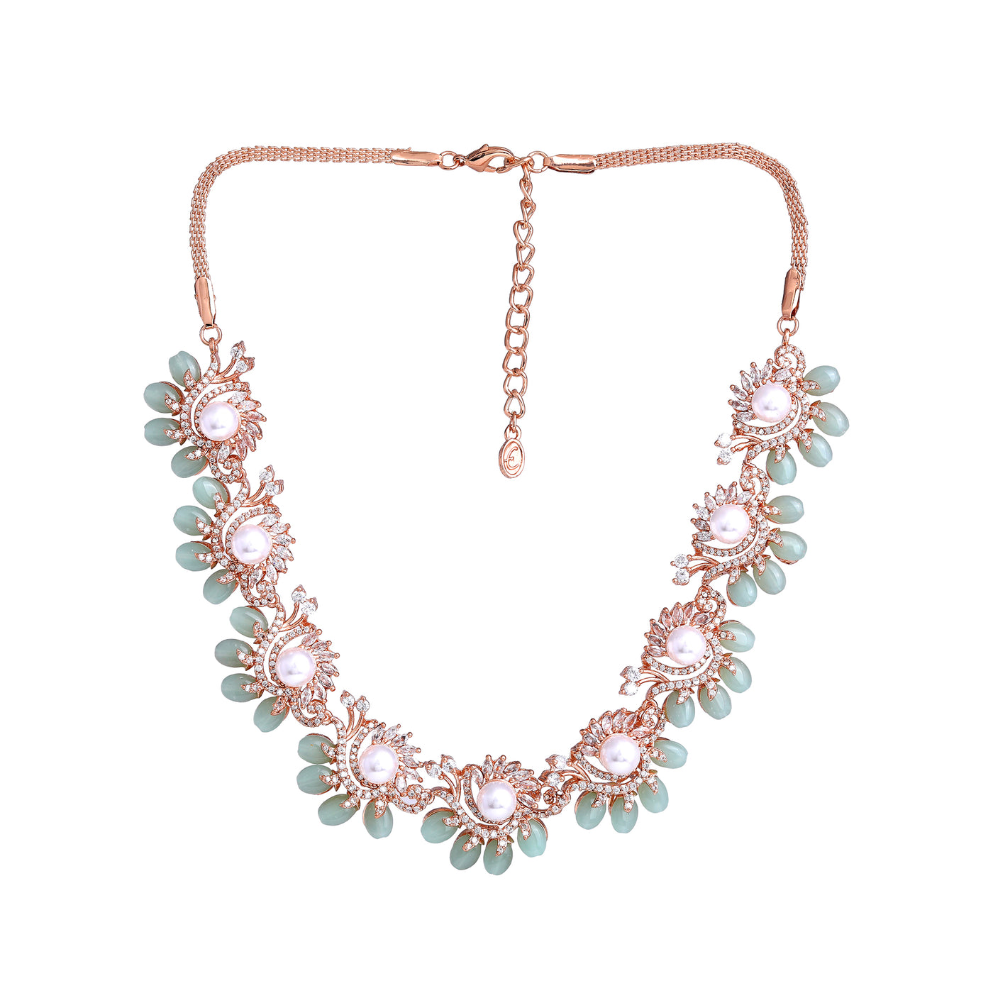 Estele Rosegold Plated Glistening Mint Green Beads Varya Necklace Set with Sparkling American Diamonds|Luxury Jewelry for Women