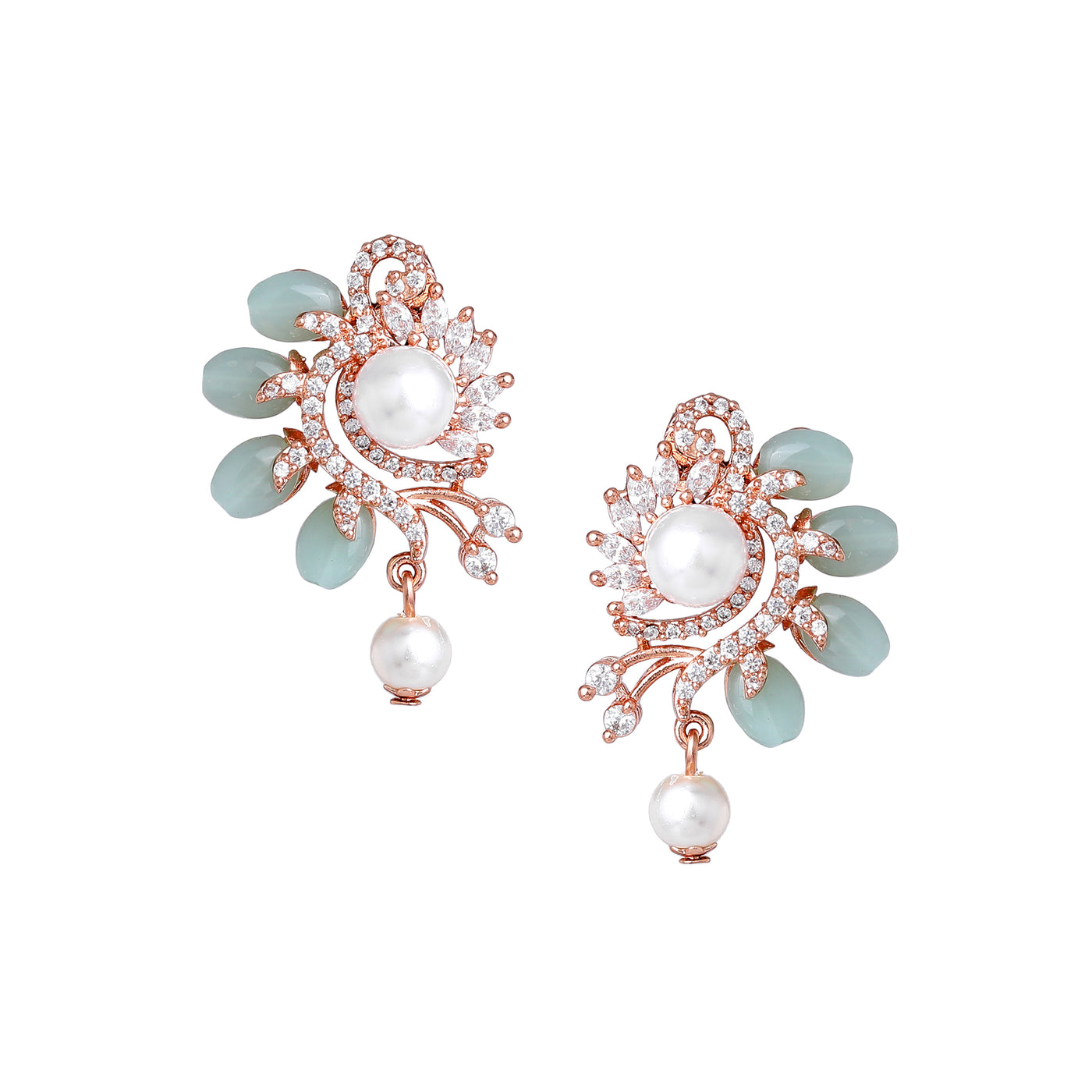 Estele Rosegold Plated Sophisticated Flower Pattern Pearl Drop Earrings with Mint Green Beads for Women|Perfect Blend of Style and Grace