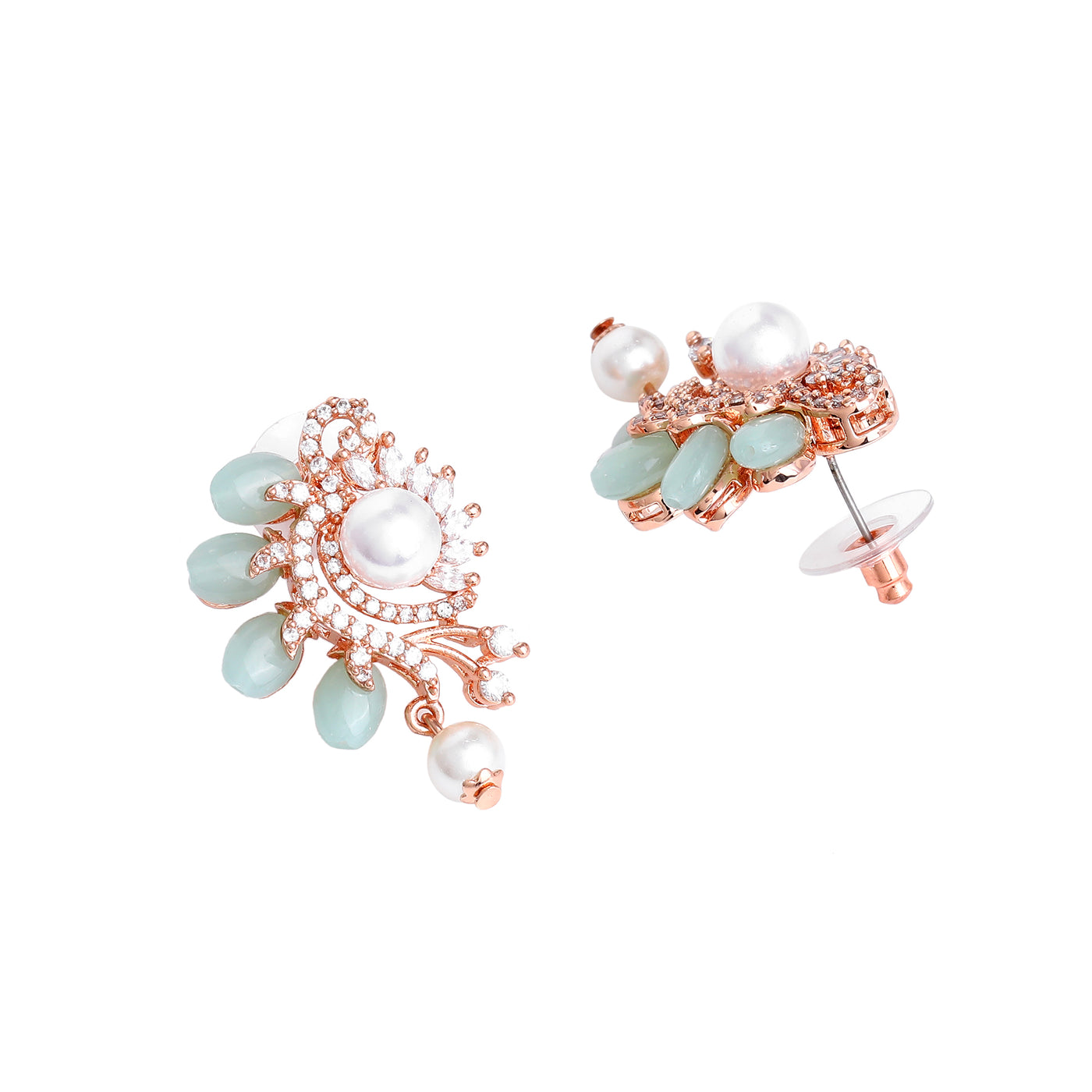 Estele Rosegold Plated Sophisticated Flower Pattern Pearl Drop Earrings with Mint Green Beads for Women|Perfect Blend of Style and Grace