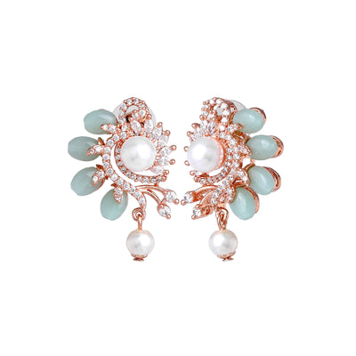 Estele Rosegold Plated Sophisticated Flower Pattern Pearl Drop Earrings with Mint Green Beads for Women|Perfect Blend of Style and Grace