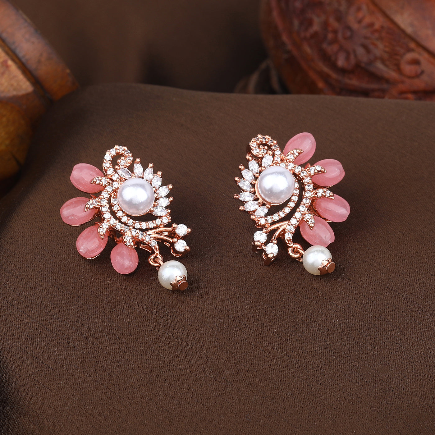 Estele Rosegold Plated Floral Designer Pearl Drop Varya Earrings for Women|Stylish and Colorful Mint Pink Beads for a Graceful Look