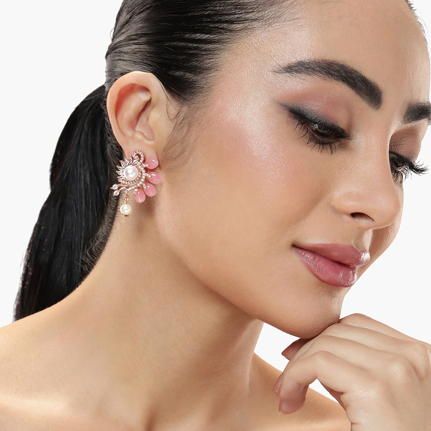 Estele Rosegold Plated Floral Designer Pearl Drop Varya Earrings for Women|Stylish and Colorful Mint Pink Beads for a Graceful Look