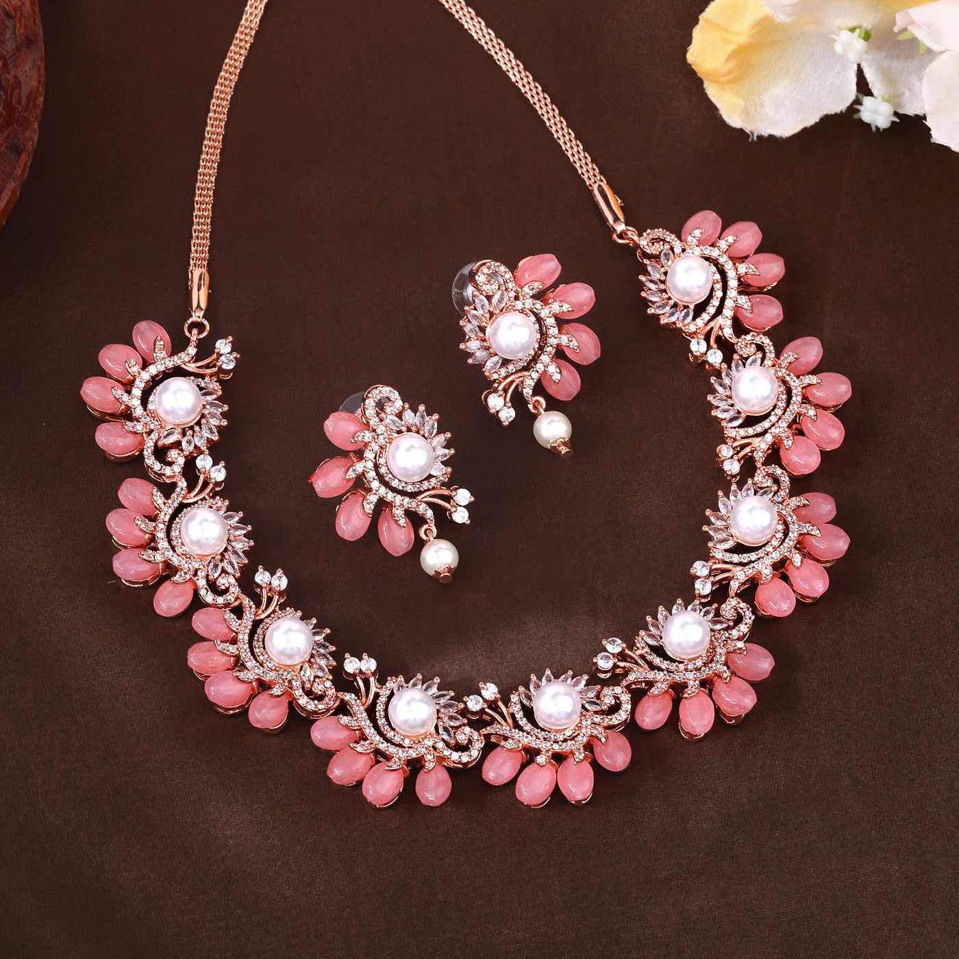 Estele Rosegold Plated Glossy Mint Pink Beads Necklace Set with Stunning American Diamonds|A Touch of Glamour for Women