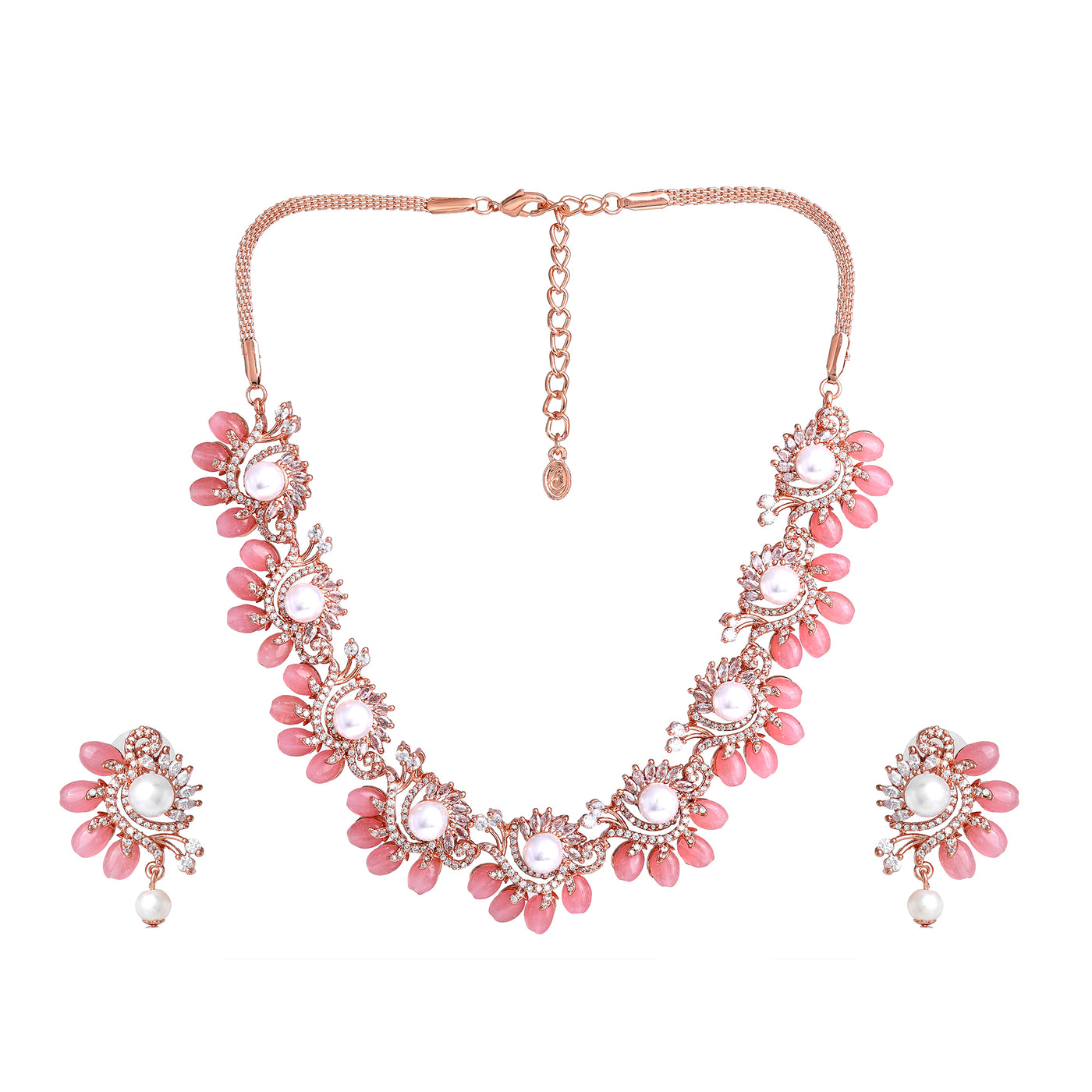 Estele Rosegold Plated Glossy Mint Pink Beads Necklace Set with Stunning American Diamonds|A Touch of Glamour for Women