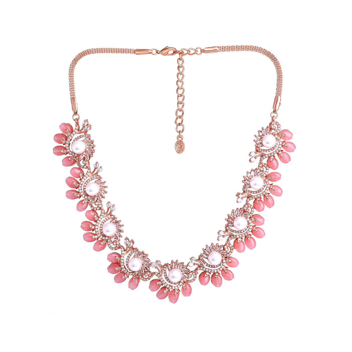 Estele Rosegold Plated Glossy Mint Pink Beads Necklace Set with Stunning American Diamonds|A Touch of Glamour for Women