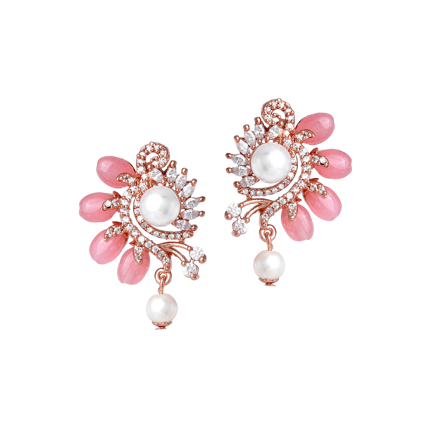 Estele Rosegold Plated Floral Designer Pearl Drop Varya Earrings for Women|Stylish and Colorful Mint Pink Beads for a Graceful Look