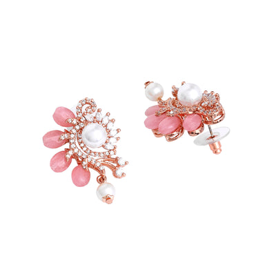 Estele Rosegold Plated Floral Designer Pearl Drop Varya Earrings for Women|Stylish and Colorful Mint Pink Beads for a Graceful Look