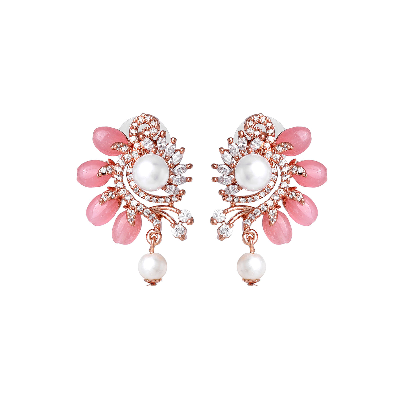 Estele Rosegold Plated Floral Designer Pearl Drop Varya Earrings for Women|Stylish and Colorful Mint Pink Beads for a Graceful Look