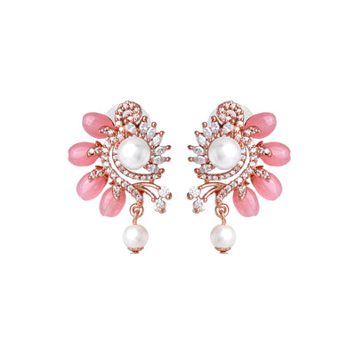 Estele Rosegold Plated Floral Designer Pearl Drop Varya Earrings for Women|Stylish and Colorful Mint Pink Beads for a Graceful Look