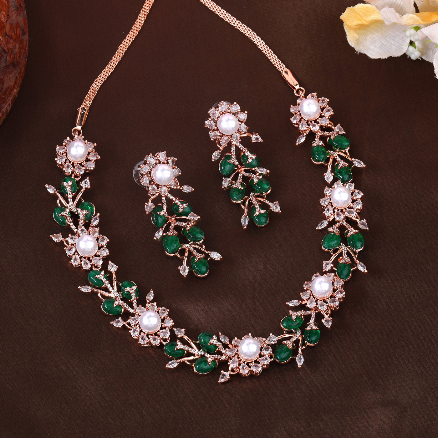 Estele Rosegold Plated Nature-Inspired Floral Design Green Beads Necklace Set with Shining American Diamonds|Luxury for Women