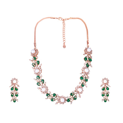 Estele Rosegold Plated Nature-Inspired Floral Design Green Beads Necklace Set with Shining American Diamonds|Luxury for Women