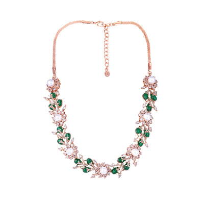 Estele Rosegold Plated Nature-Inspired Floral Design Green Beads Necklace Set with Shining American Diamonds|Luxury for Women