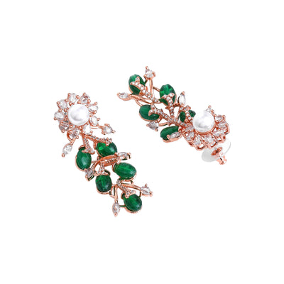 Estele Rosegold Plated Nature-Inspired Floral Design Green Beads Necklace Set with Shining American Diamonds|Luxury for Women