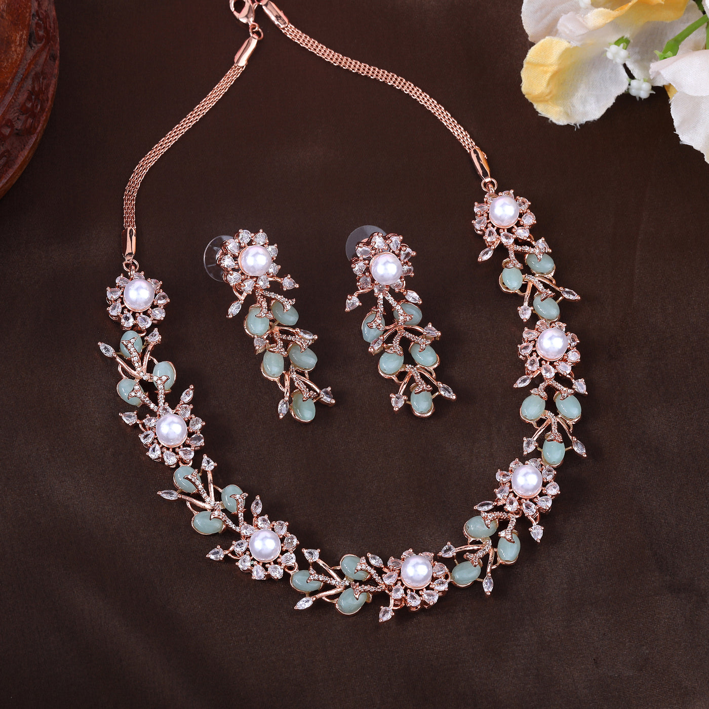 Estele Rosegold Plated Exquisite Floral Motifs Enhanced Mint Green Beads Necklace Set with Stunning American Diamonds for Women