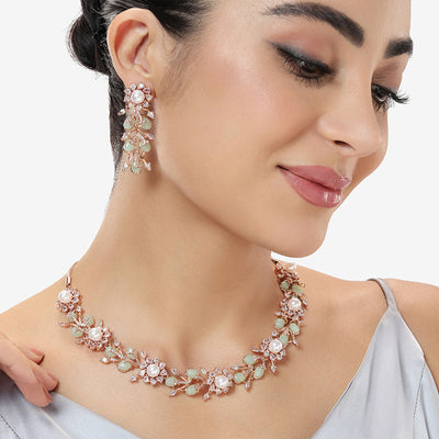 Estele Rosegold Plated Exquisite Floral Motifs Enhanced Mint Green Beads Varya Necklace Set with Stunning American Diamonds for Women