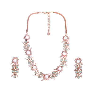 Estele Rosegold Plated Exquisite Floral Motifs Enhanced Mint Green Beads Necklace Set with Stunning American Diamonds for Women