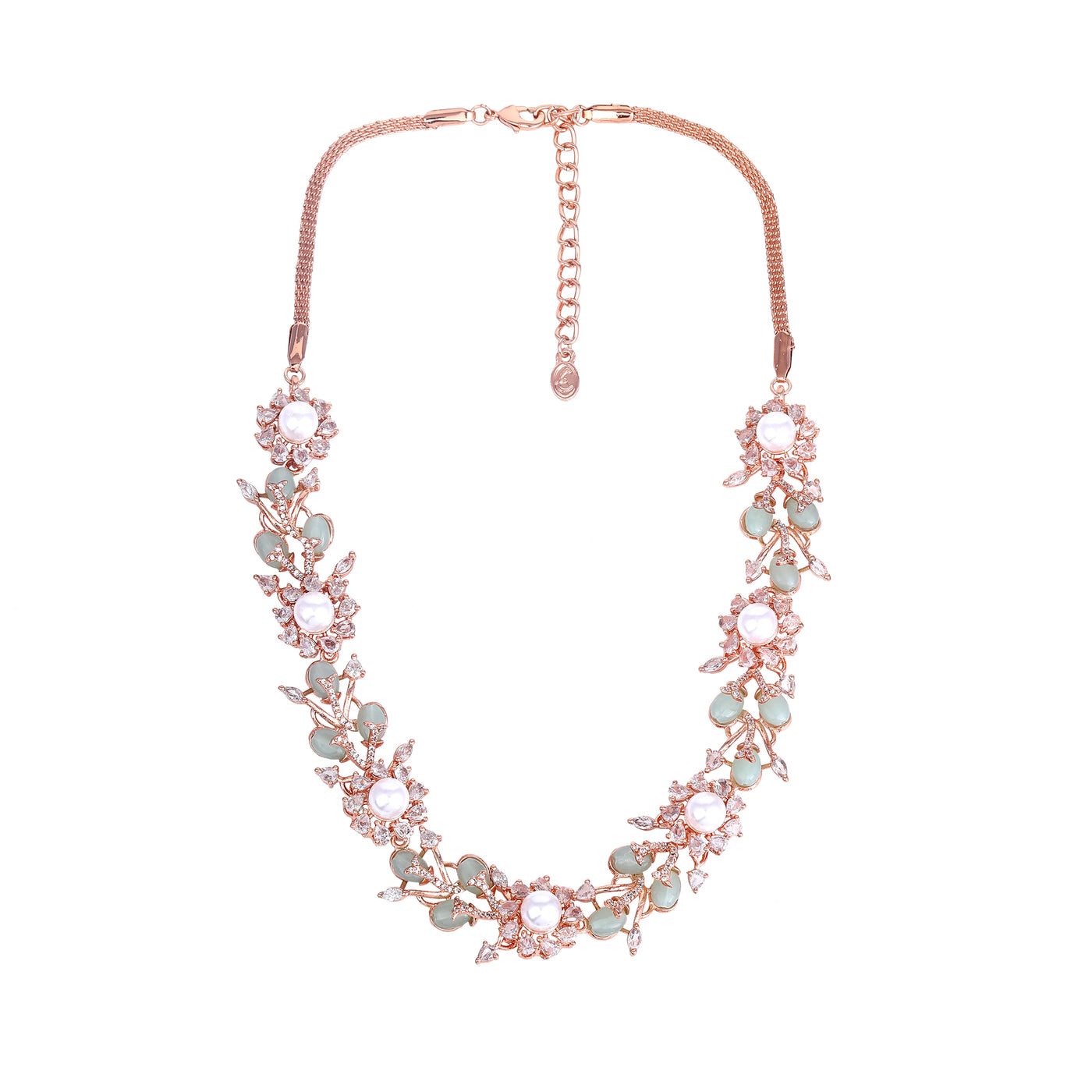 Estele Rosegold Plated Exquisite Floral Motifs Enhanced Mint Green Beads Necklace Set with Stunning American Diamonds for Women