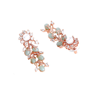 Estele Rosegold Plated Exquisite Floral Motifs Enhanced Mint Green Beads Necklace Set with Stunning American Diamonds for Women