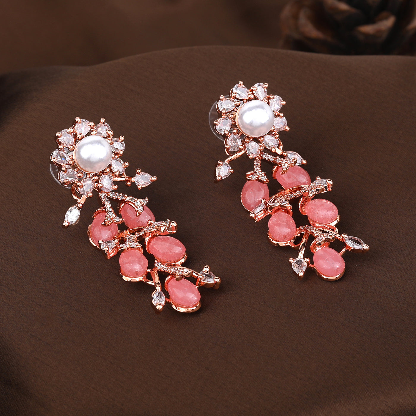 Estele Rosegold Plated Elegant Floral Pattern Glossy Mint Pink Beads Enhanced Dangle Earrings for Women|Perfect for a Timeless Look