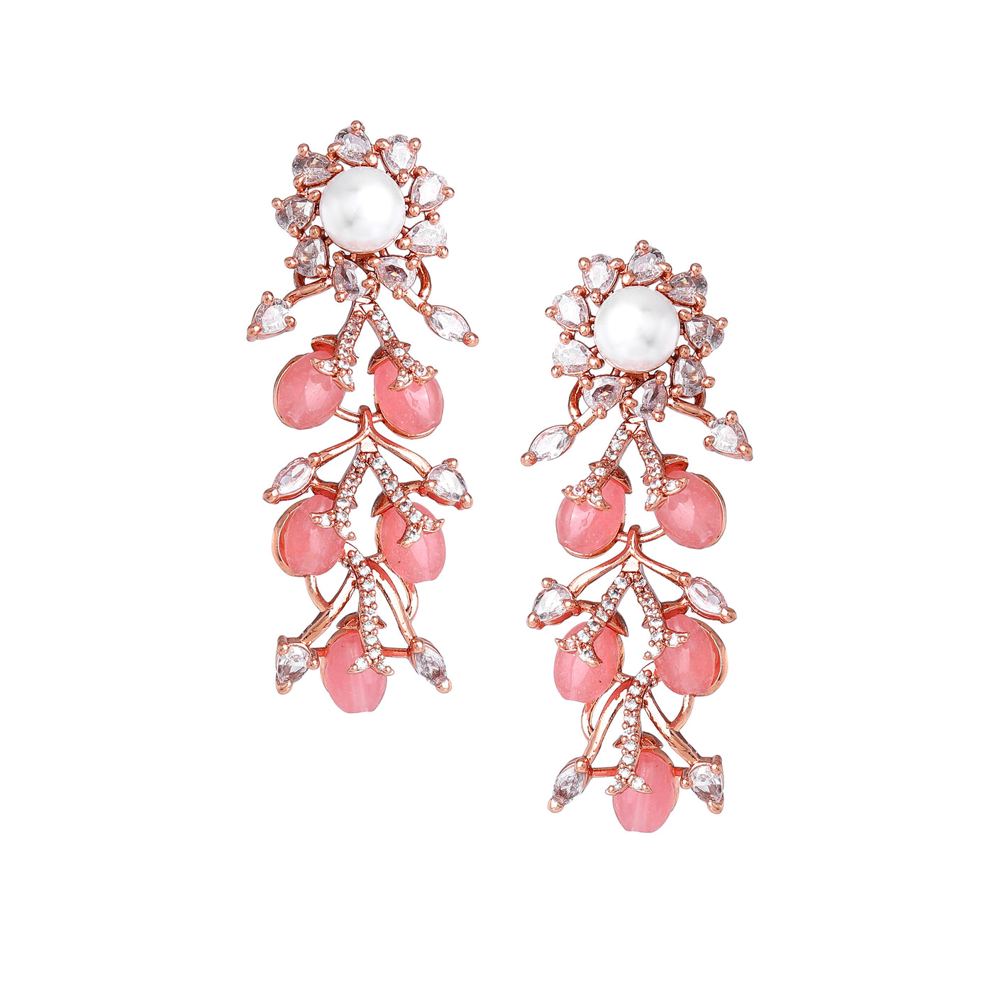 Estele Rosegold Plated Elegant Floral Pattern Glossy Mint Pink Beads Enhanced Dangle Earrings for Women|Perfect for a Timeless Look