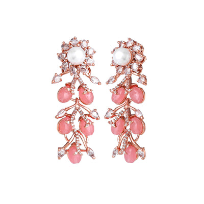 Estele Rosegold Plated Elegant Floral Pattern Glossy Mint Pink Beads Enhanced Dangle Earrings for Women|Perfect for a Timeless Look