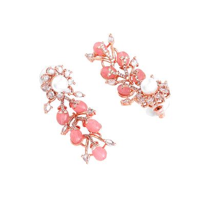 Estele Rosegold Plated Elegant Floral Pattern Glossy Mint Pink Beads Enhanced Dangle Earrings for Women|Perfect for a Timeless Look