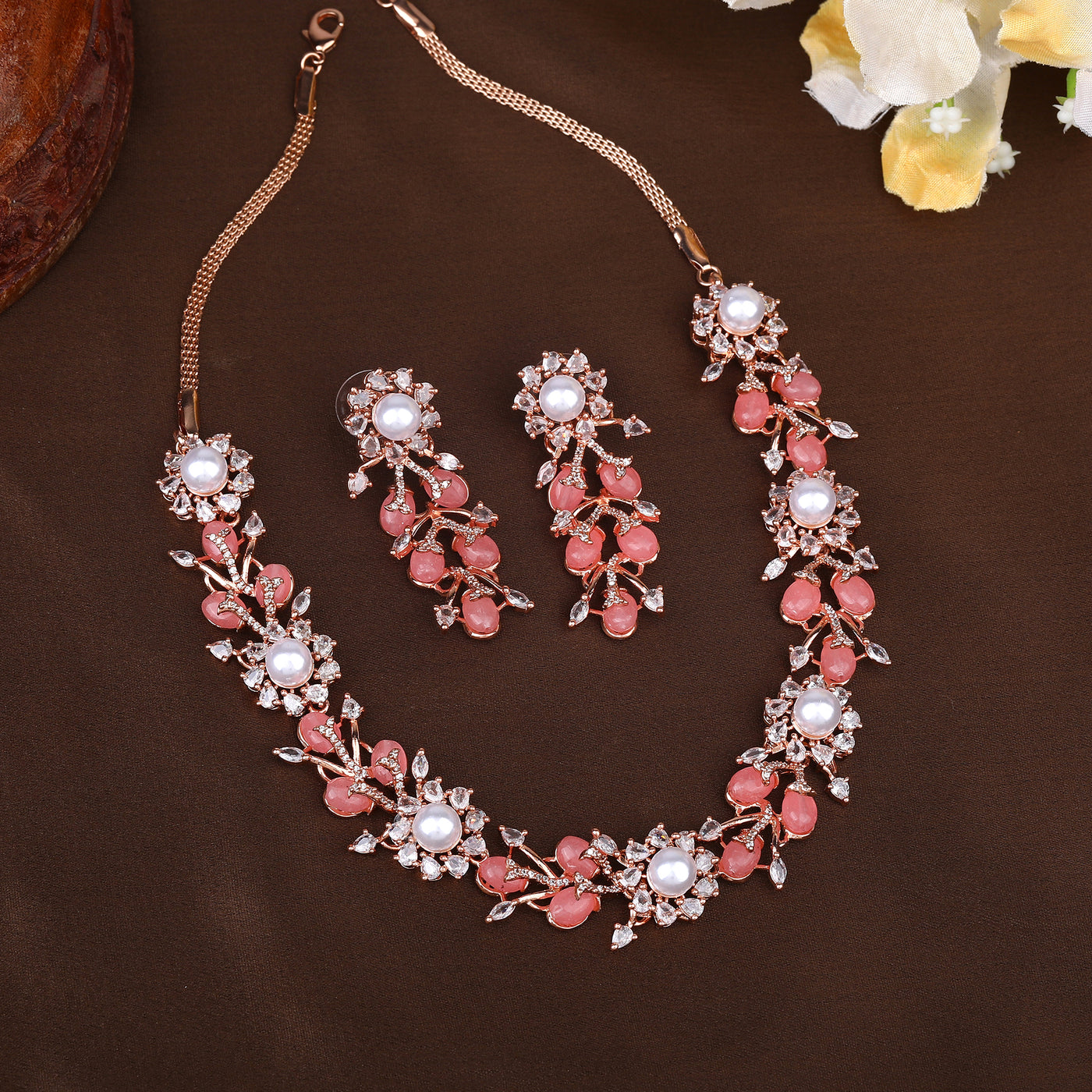 Estele Rosegold Plated Stunning Floral Designer Necklace Set with Glossy Mint Pink Beads & American Diamonds for Women