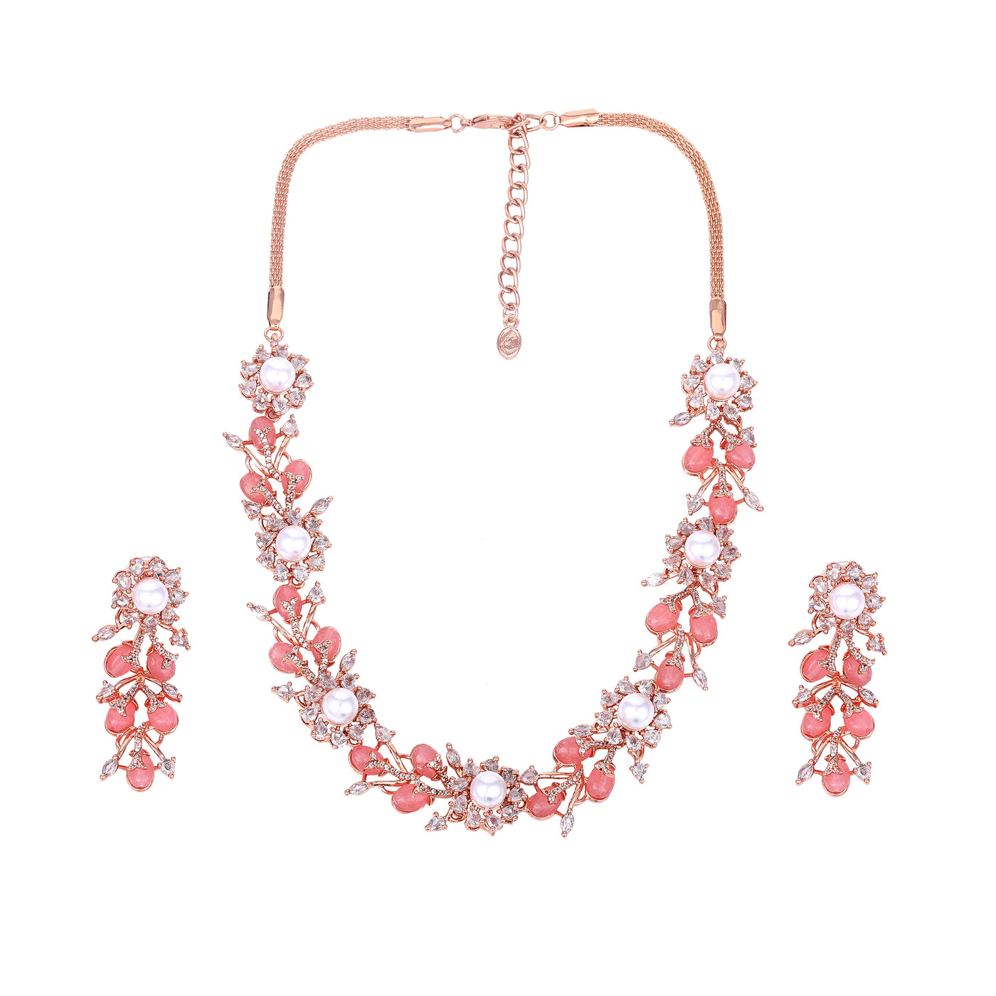 Estele Rosegold Plated Stunning Floral Designer Necklace Set with Glossy Mint Pink Beads & American Diamonds for Women