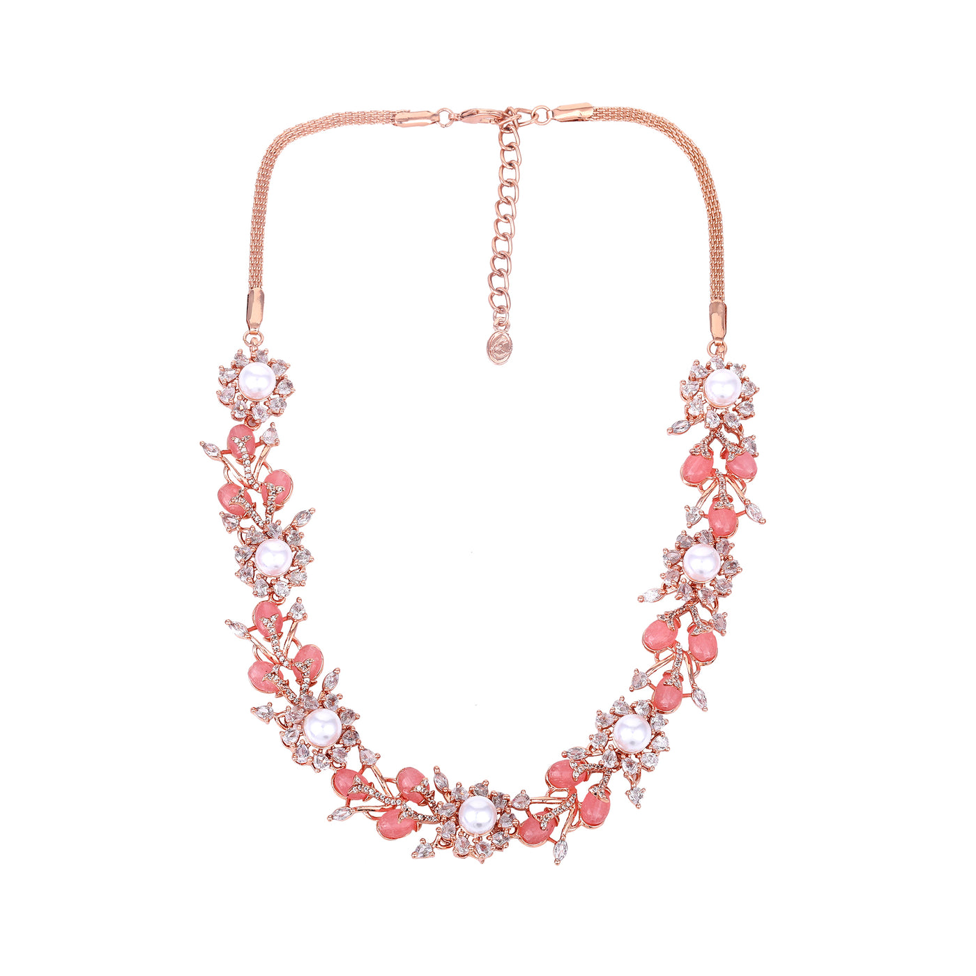 Estele Rosegold Plated Stunning Floral Designer Necklace Set with Glossy Mint Pink Beads & American Diamonds for Women