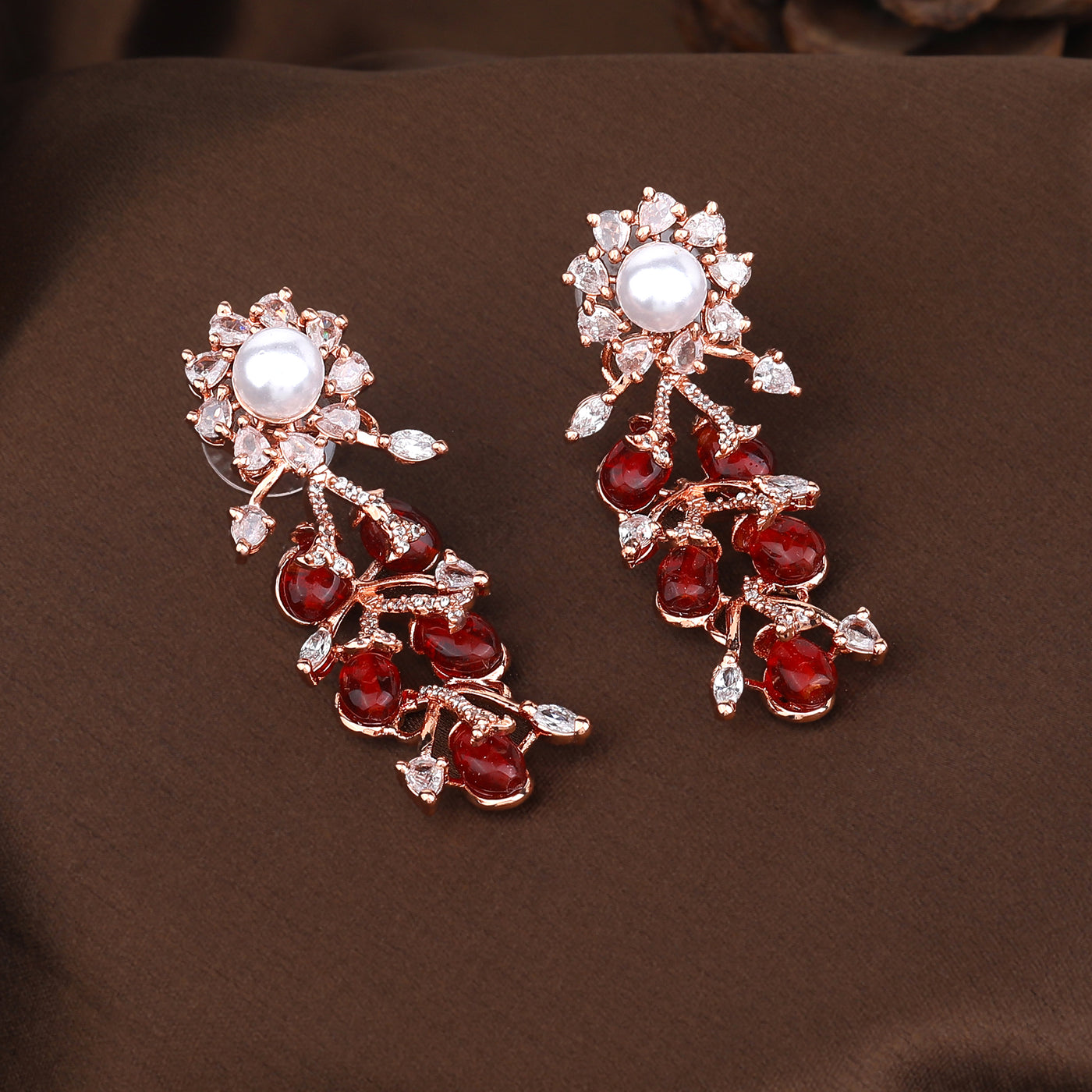 Estele Rosegold Plated Charismatic Floral Designer Dangle Earrings with Ruby Beads for Women|A Perfect Blend of Nature and Fashion