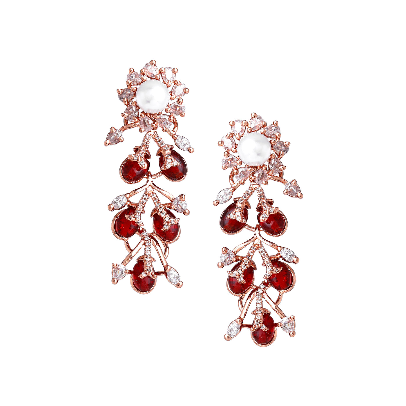 Estele Rosegold Plated Charismatic Floral Designer Dangle Earrings with Ruby Beads for Women|A Perfect Blend of Nature and Fashion