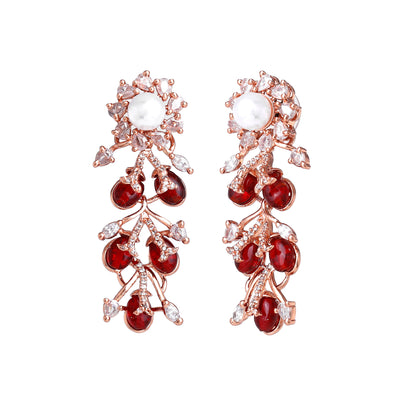 Estele Rosegold Plated Charismatic Floral Designer Dangle Earrings with Ruby Beads for Women|A Perfect Blend of Nature and Fashion