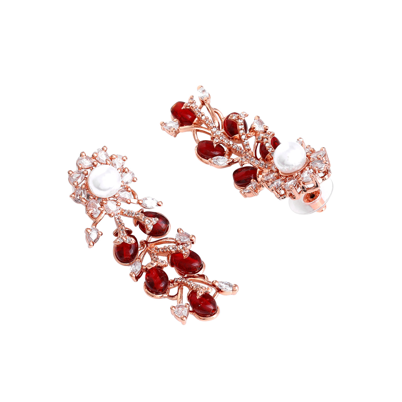 Estele Rosegold Plated Charismatic Floral Designer Dangle Earrings with Ruby Beads for Women|A Perfect Blend of Nature and Fashion