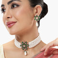 Estele Rosegold Plated Trendy Multi-Layer White Pearl Varya Choker Set with Green Bead-Enhanced Locket|Timeless Beauty for Women