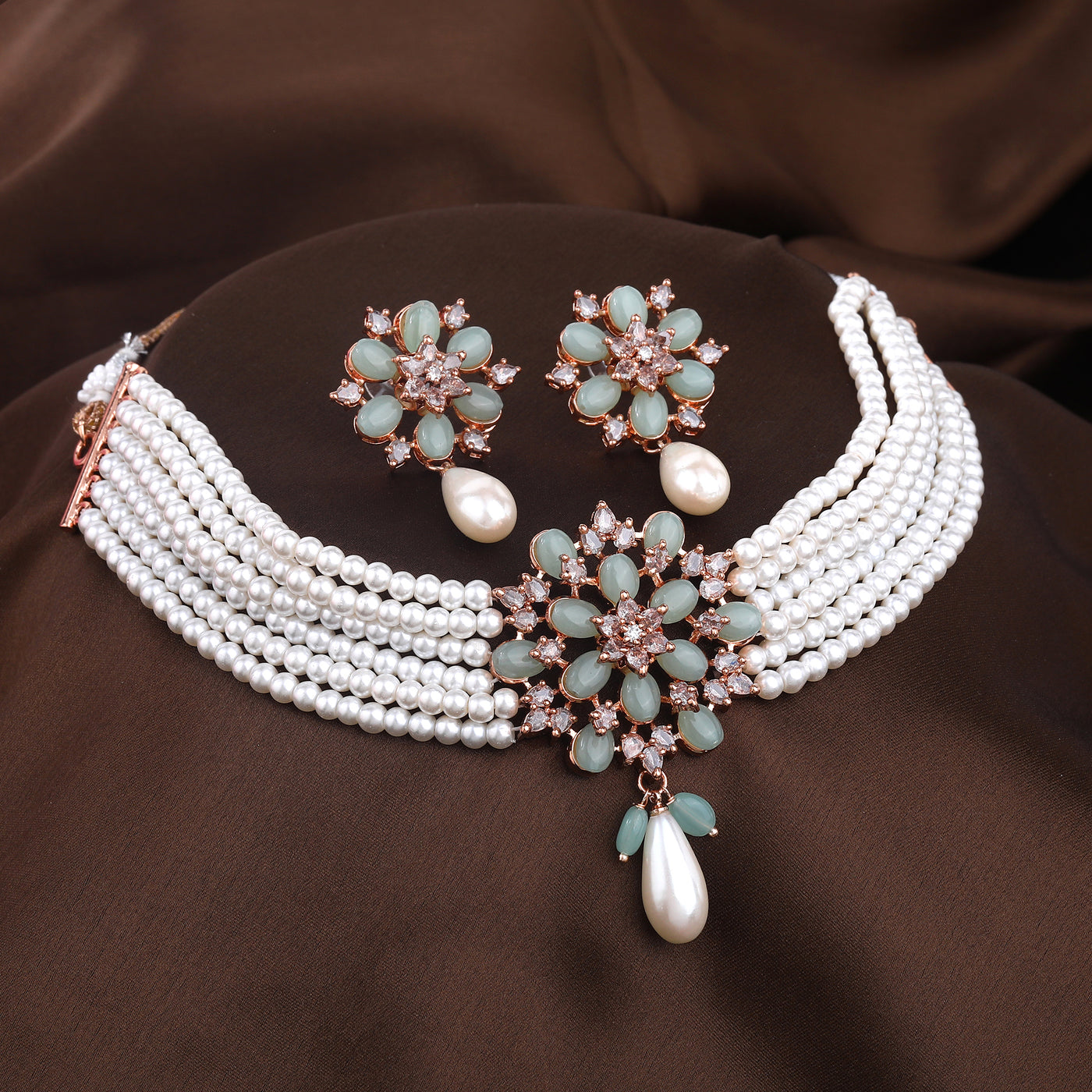 Estele Rosegold Plated Graceful Multi-Layer White Pearl Varya Choker Set with Mint Green Beads Locket|Effortless Elegance for Women