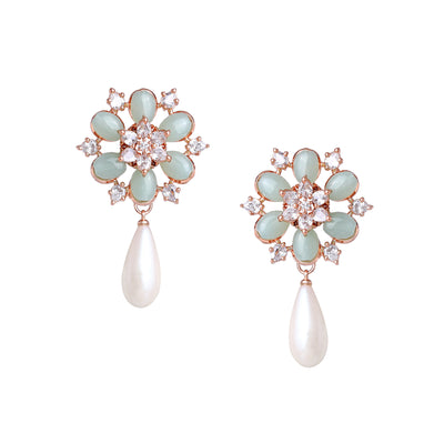 Estele Rosegold Plated Stunning Floral Inspired Mint Green Beads Enhanced White Pearl Drop Earrings|Classic Elegance for Women