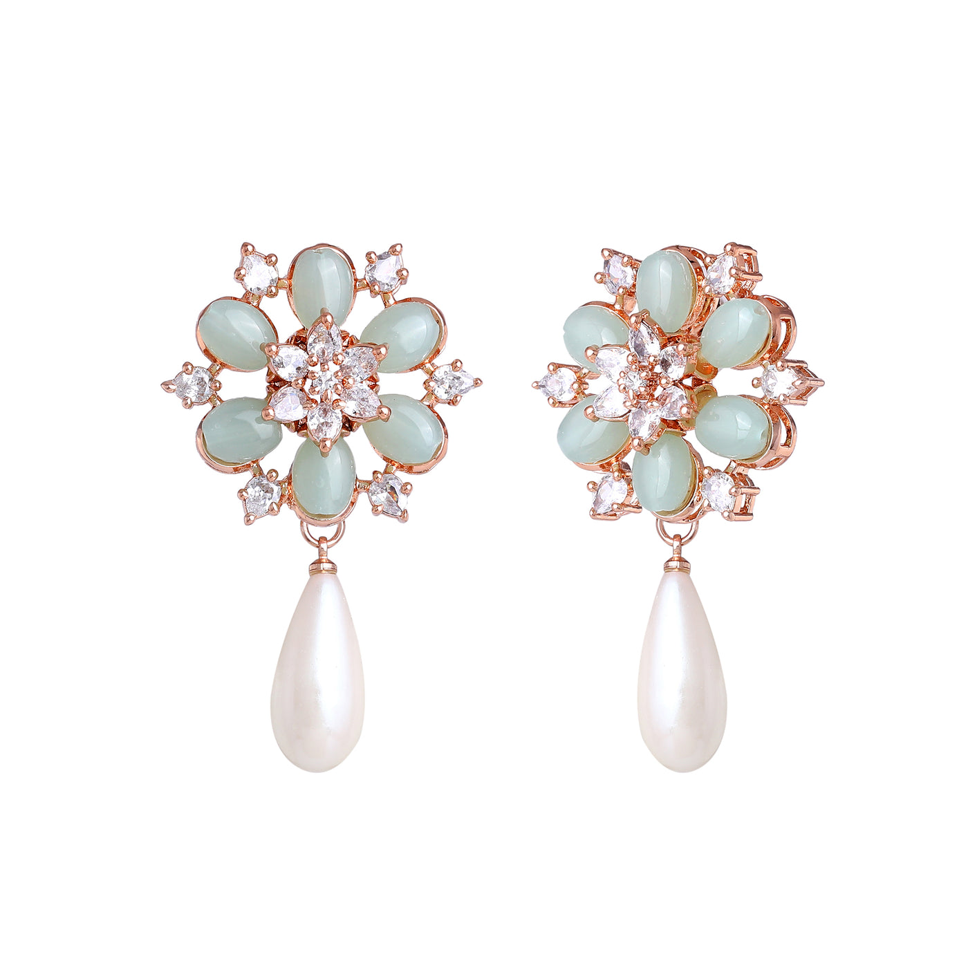 Estele Rosegold Plated Stunning Floral Inspired Mint Green Beads Enhanced White Pearl Drop Earrings|Classic Elegance for Women