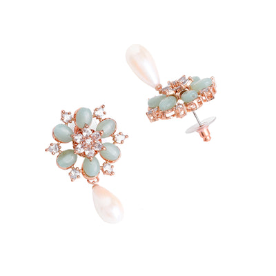 Estele Rosegold Plated Stunning Floral Inspired Mint Green Beads Enhanced White Pearl Drop Earrings|Classic Elegance for Women