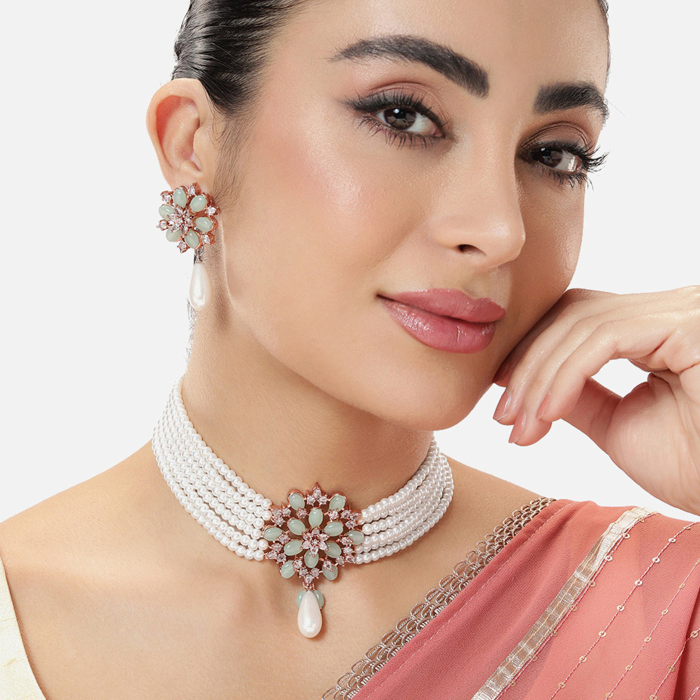 Estele Rosegold Plated Graceful Multi-Layer White Pearl Varya Choker Set with Mint Green Beads Locket|Effortless Elegance for Women