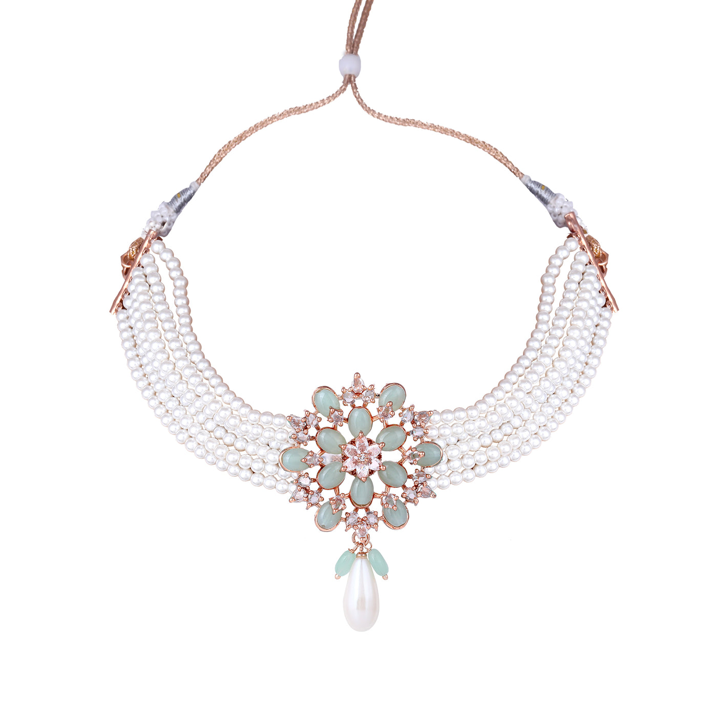 Estele Rosegold Plated Graceful Multi-Layer White Pearl Varya Choker Set with Mint Green Beads Locket|Effortless Elegance for Women