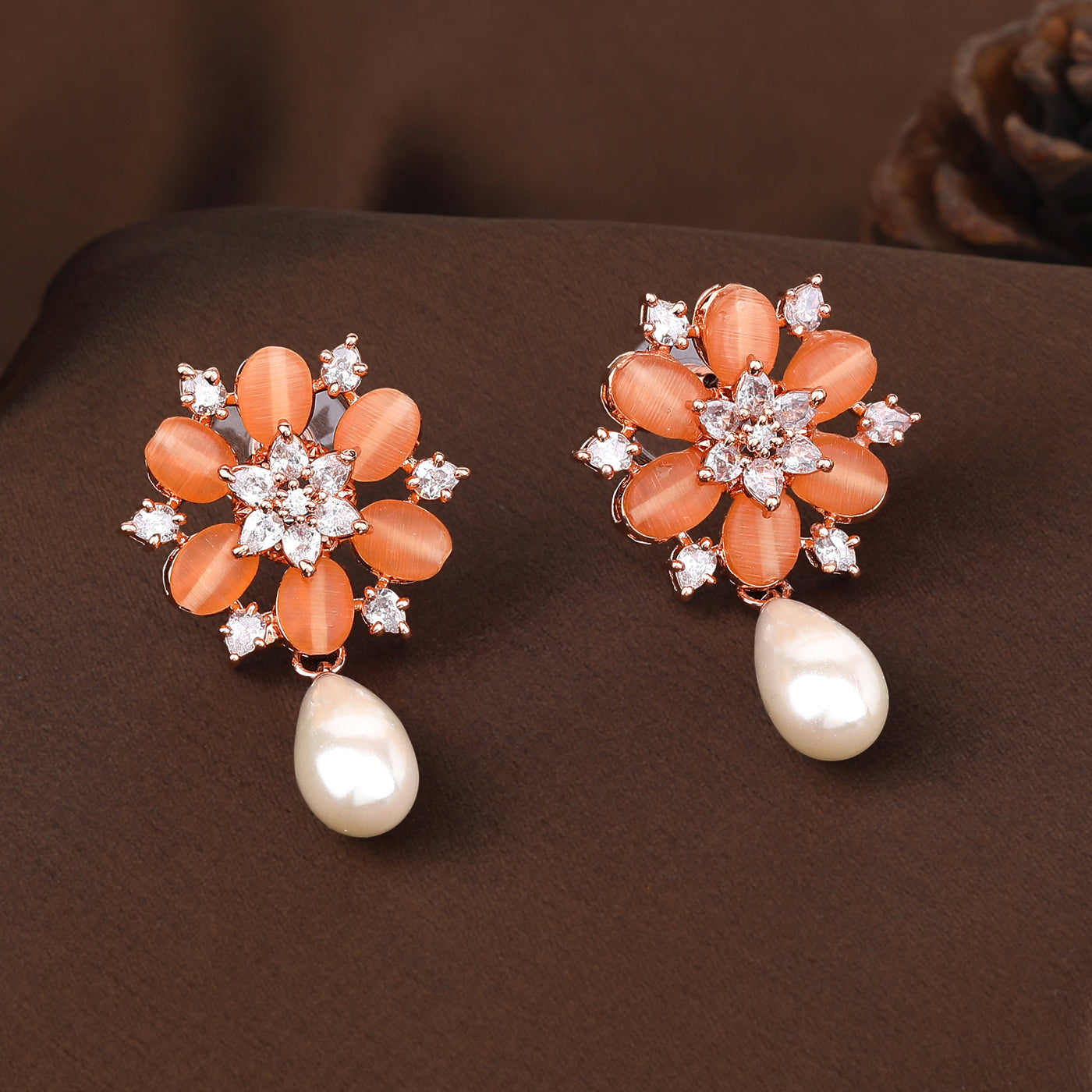 Estele Rosegold Plated Exquisite Floral Pattern Mint Orange Beads Enhanced White Pearl Drop Earrings|Timeless Jewelry for Women