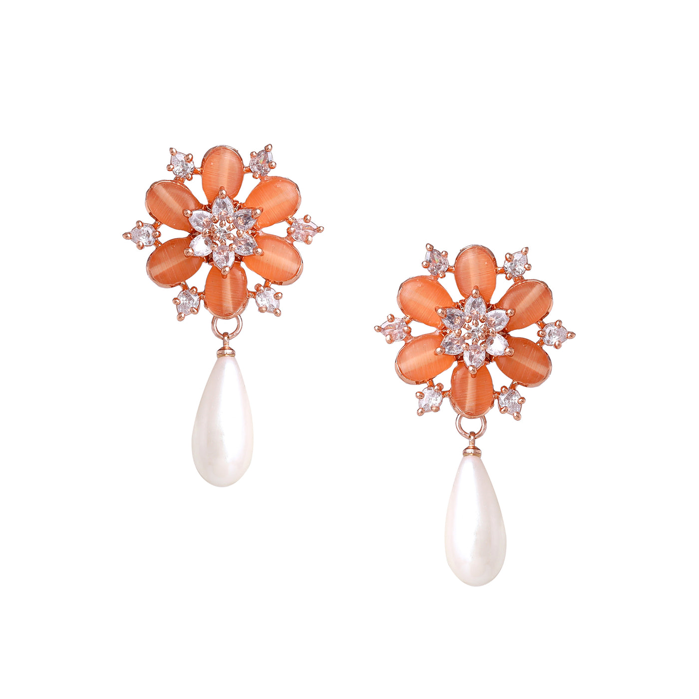 Estele Rosegold Plated Exquisite Floral Pattern Mint Orange Beads Enhanced White Pearl Drop Earrings|Timeless Jewelry for Women