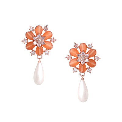 Estele Rosegold Plated Exquisite Floral Pattern Mint Orange Beads Enhanced White Pearl Drop Earrings|Timeless Jewelry for Women