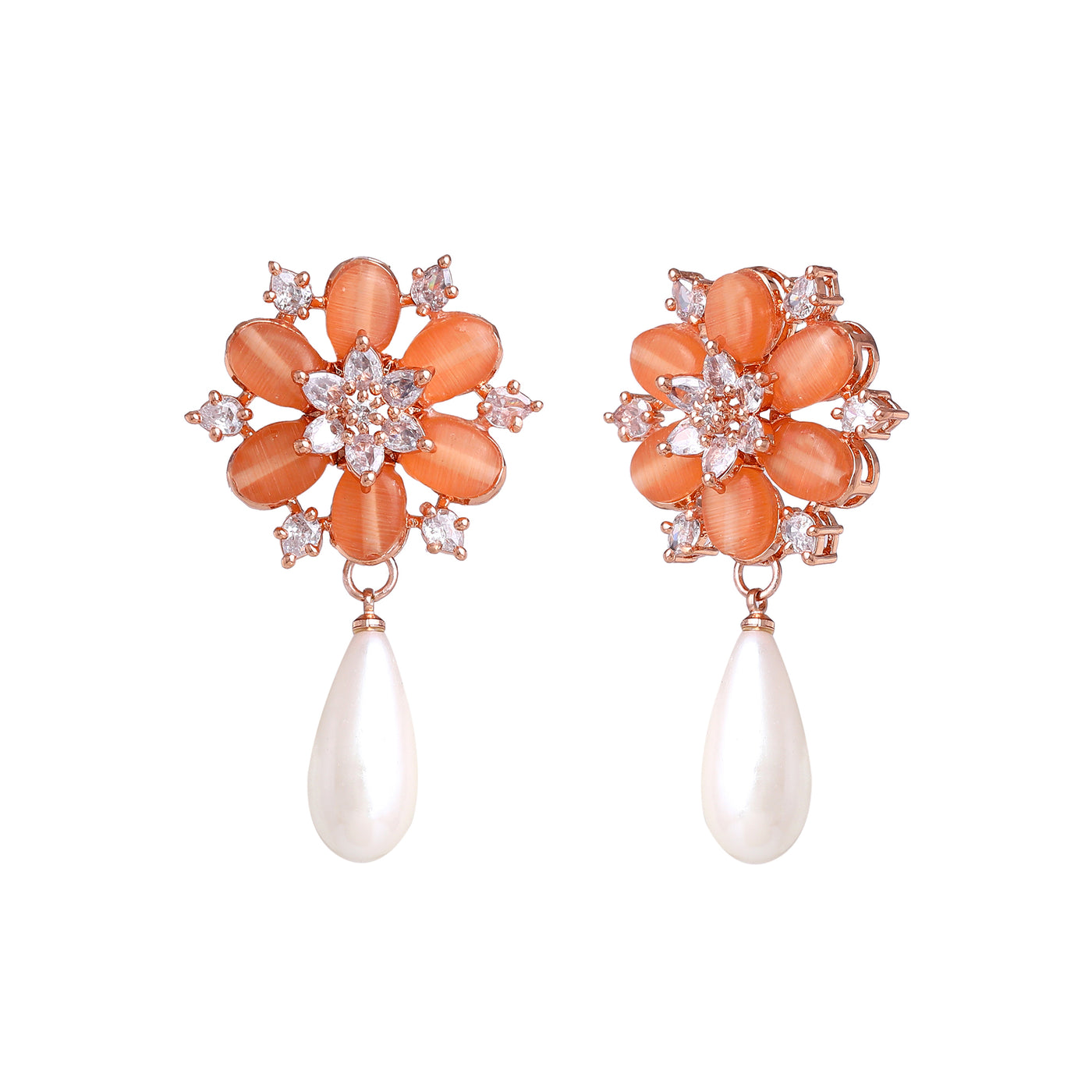 Estele Rosegold Plated Exquisite Floral Pattern Mint Orange Beads Enhanced White Pearl Drop Earrings|Timeless Jewelry for Women