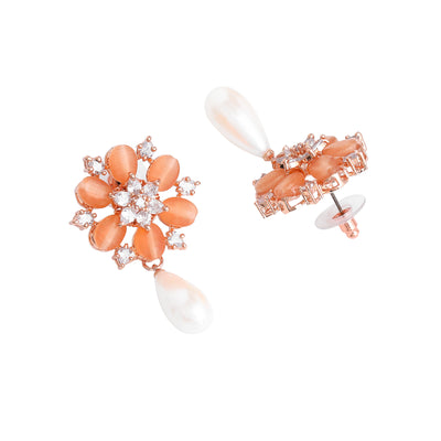 Estele Rosegold Plated Exquisite Floral Pattern Mint Orange Beads Enhanced White Pearl Drop Earrings|Timeless Jewelry for Women