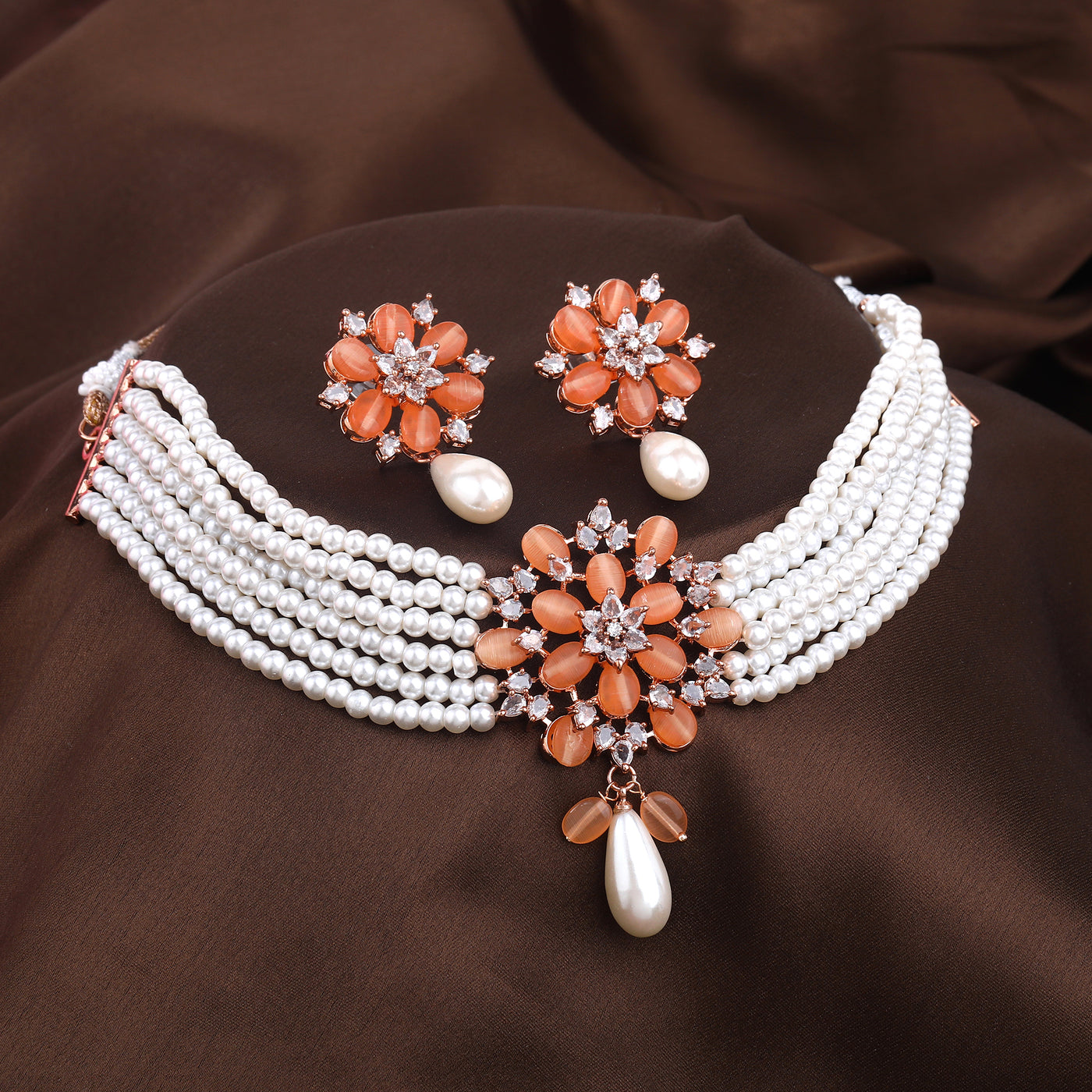 Estele Rosegold Plated Stylish & Elegant Multi-Layer White Pearl Varya Choker Set with Mint Orange Beads Locket for Women