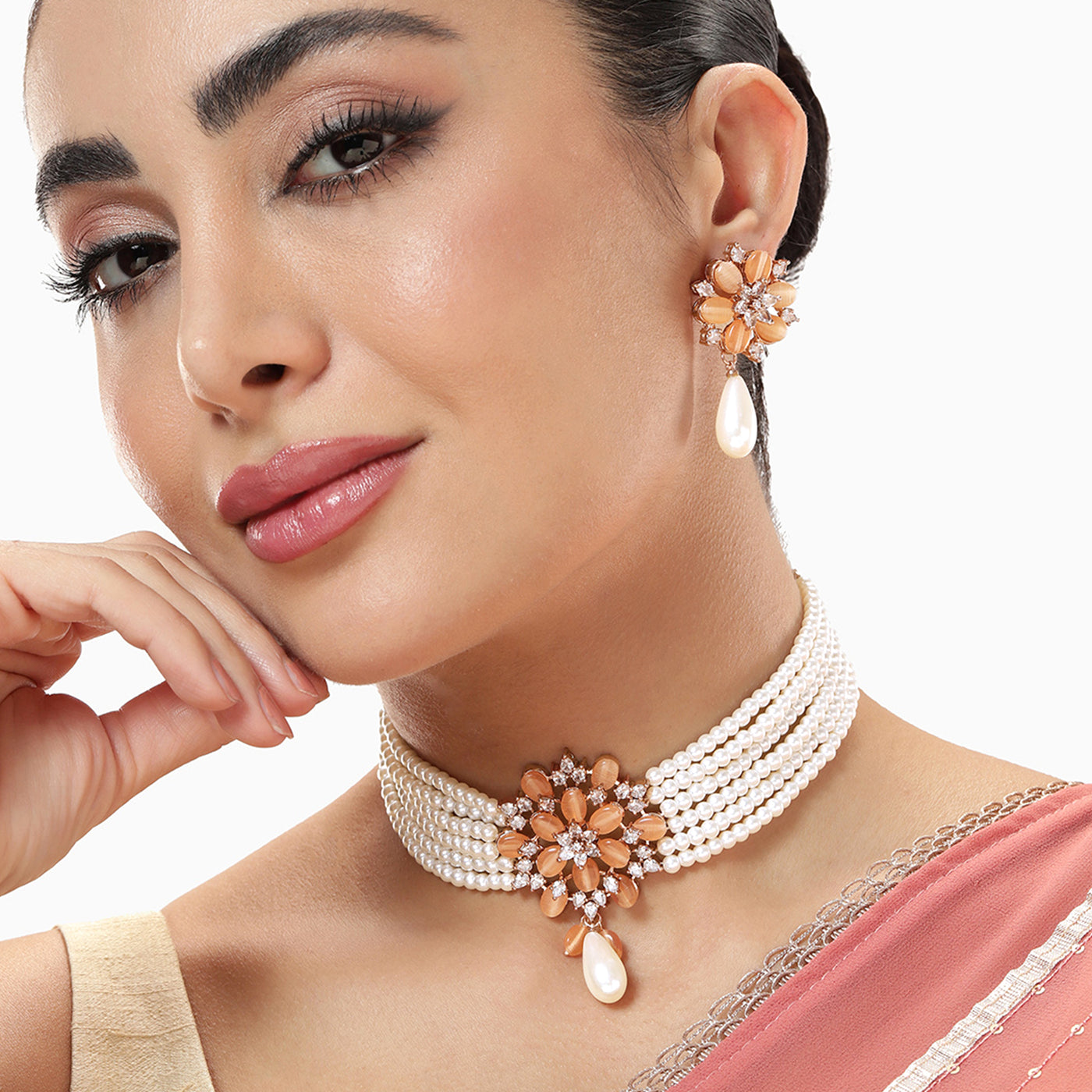 Estele Rosegold Plated Stylish & Elegant Multi-Layer White Pearl Varya Choker Set with Mint Orange Beads Locket for Women