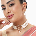 Estele Rosegold Plated Stylish & Elegant Multi-Layer White Pearl Varya Choker Set with Mint Orange Beads Locket for Women